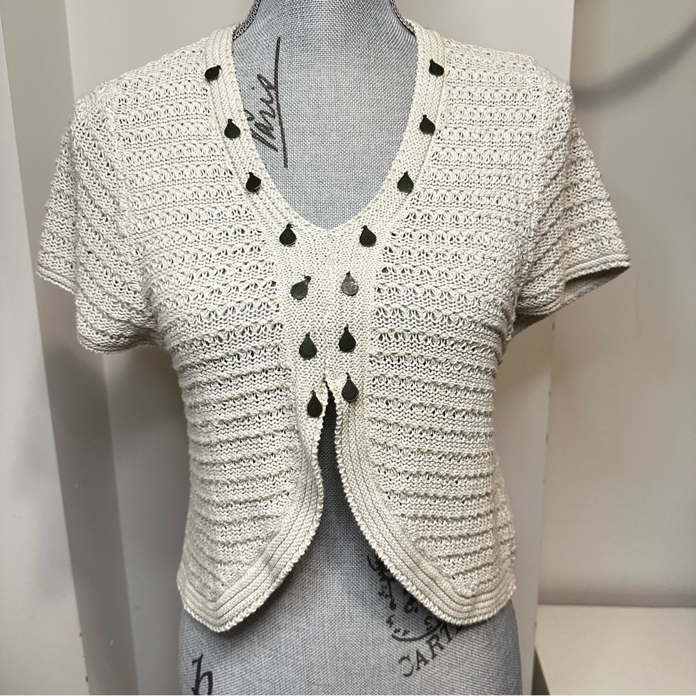 Tribal Knit Short Sleeve Cardigan Sweater with Teardrop Accents – Size M